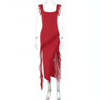 Female Summer Fashionable Stringy Selvedge Stitching Temperament Dress Carmine Juneberry