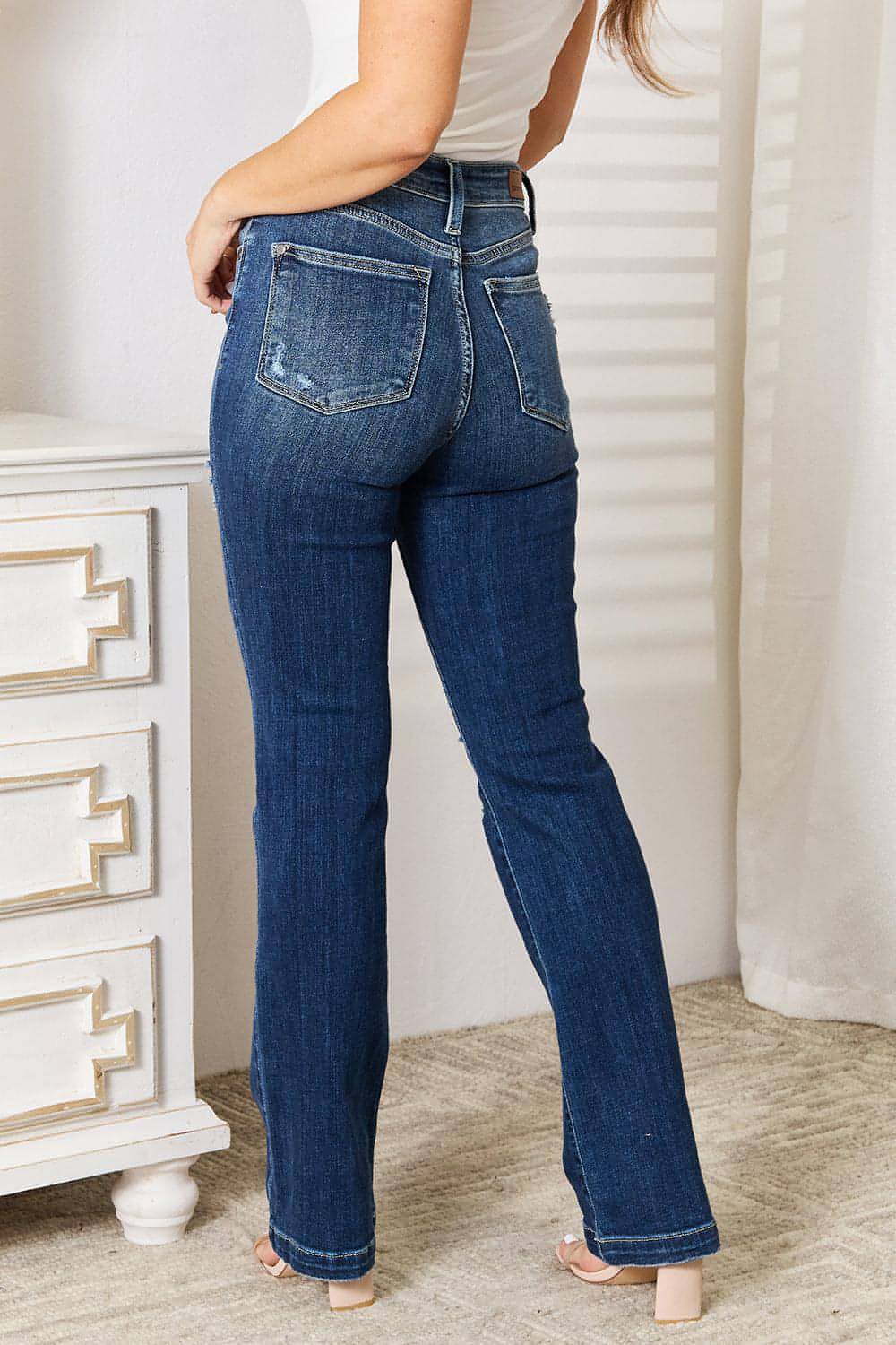 Judy Blue Full Size Mid Rise Hand Sand & Destroy Bootcut Jeans Carmine Juneberry
