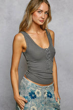 POL Lace Trim Tank with Front Button Closure Jade Icarus