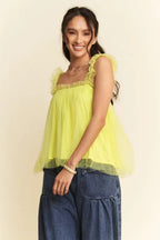 Davi & Dani Shirred Ruffle Strap Tulle Babydoll Top Jade Icarus