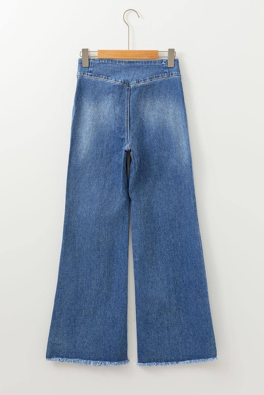 Sail Blue High Waist Button Fly Seamed Raw Hem Flare Jeans Carmine Juneberry