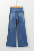 Sail Blue High Waist Button Fly Seamed Raw Hem Flare Jeans Carmine Juneberry