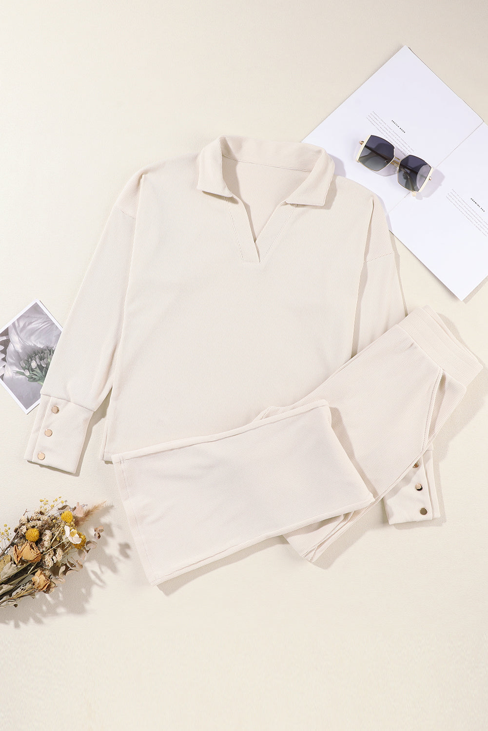 Solid Collared Pullover and Pants Set Byzantium Bay