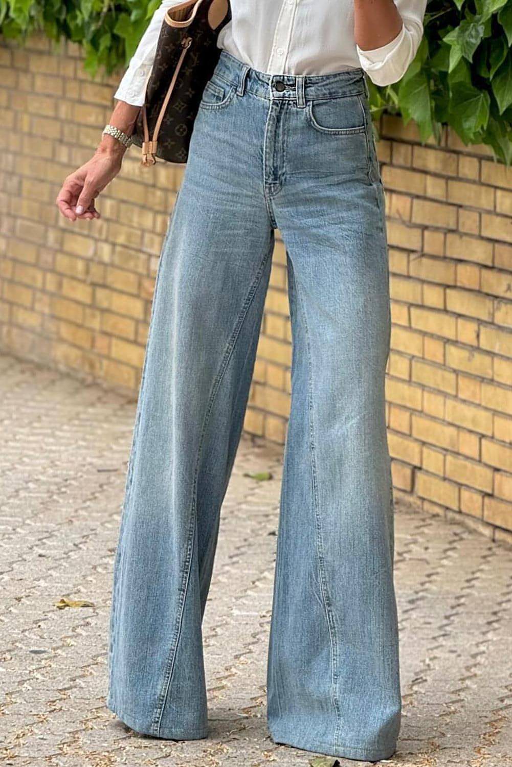 Dusk Blue Acid Wash Extra Wide Leg High Waist Long Jeans.