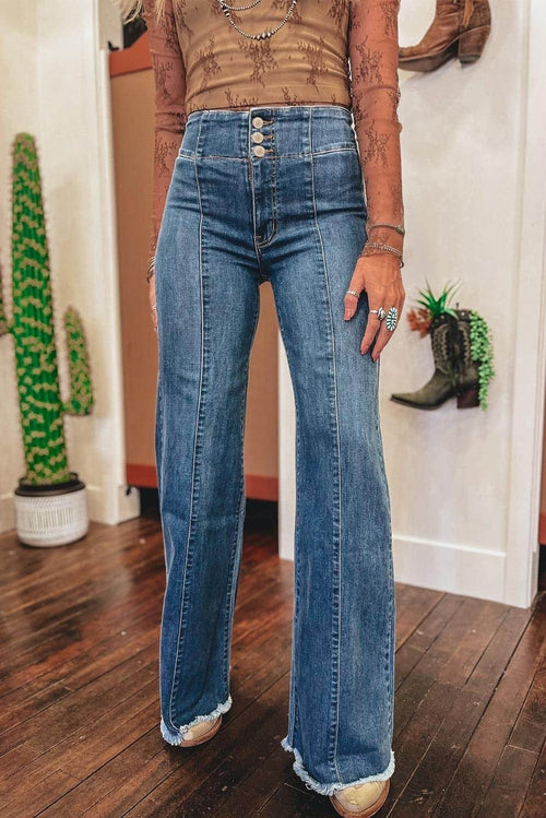 Sail Blue High Waist Button Fly Seamed Raw Hem Flare Jeans Carmine Juneberry